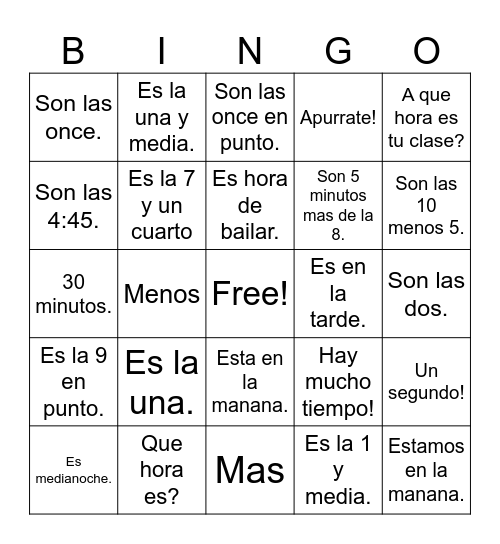 TIME  EL TIEMPO Bingo Card