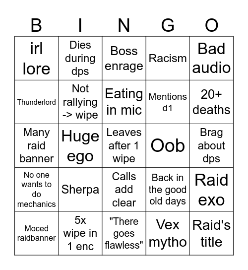 D2 LFG Bingo Card