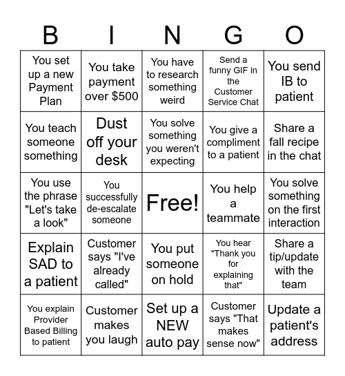 Customer Service Bingo Card
