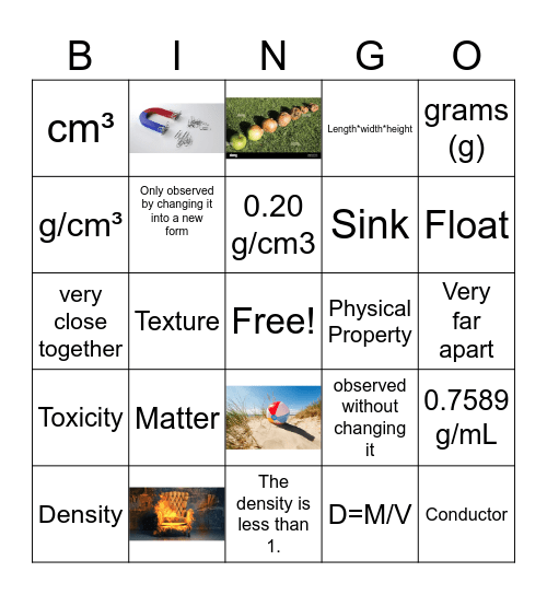 Density/properties Bingo Card