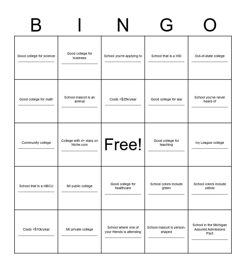 College Research Bingo Card