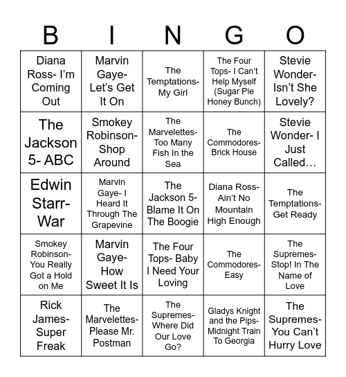 Radio Bingo Motown Bingo Card