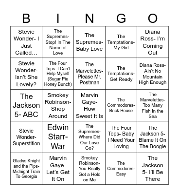 Radio Bingo Motown Bingo Card
