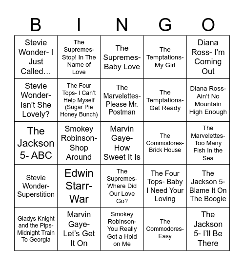 Radio Bingo Motown Bingo Card