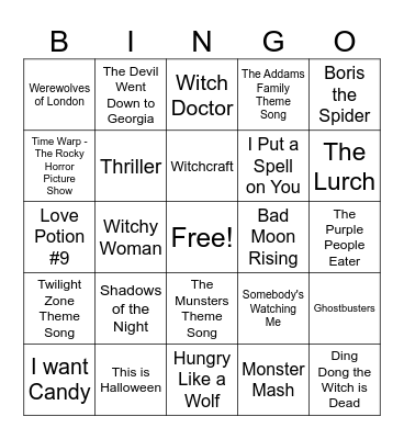 Halloween Music Bingo Card