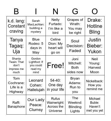 The Great Canadian Mixtape! Bingo Card