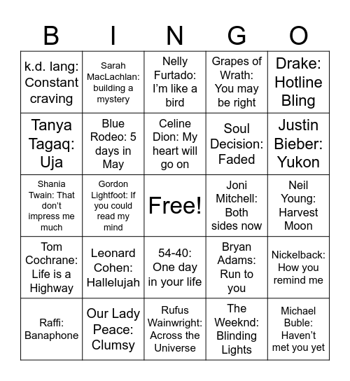 The Great Canadian Mixtape! Bingo Card