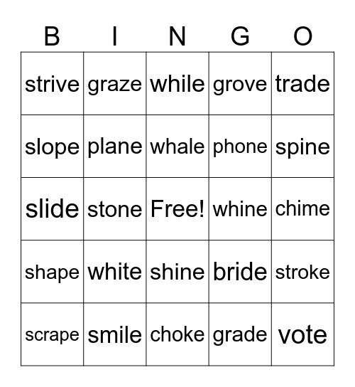 VCe: Long a, i, o Bingo Card