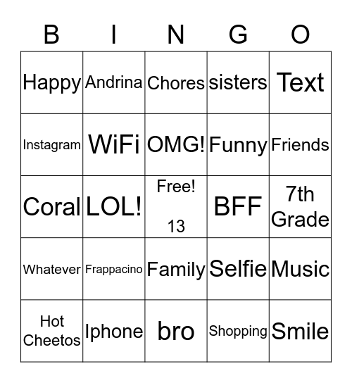 Andrina's 13th Birthday  Bingo Card