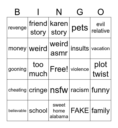 sus reddit stories Bingo Card