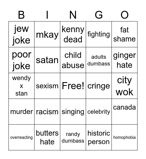 south park Bingo Card