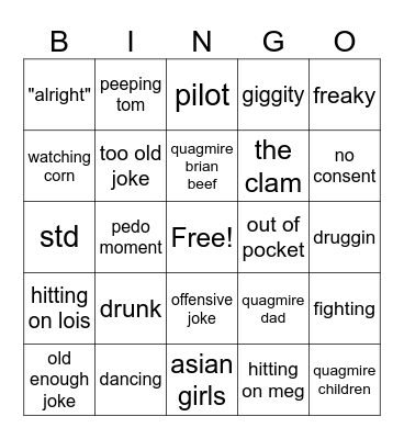 Quagmire bingo Card