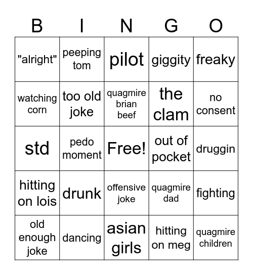 Quagmire bingo Card