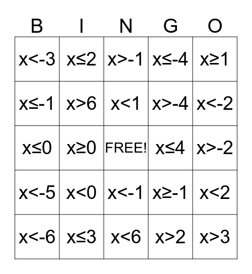 Solving Inequalities Bingo Card
