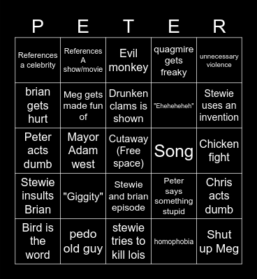 Family guy Bingo Card
