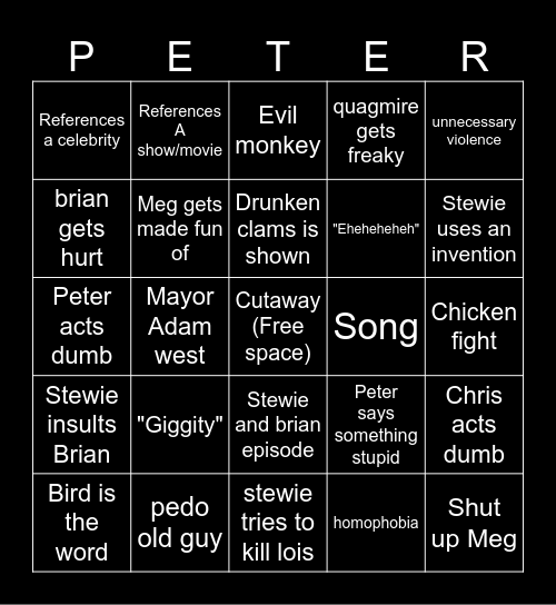 Family guy Bingo Card