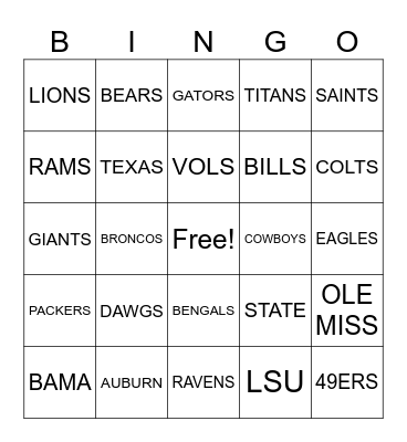 SPORTS TEAMS Bingo Card