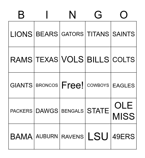 SPORTS TEAMS Bingo Card