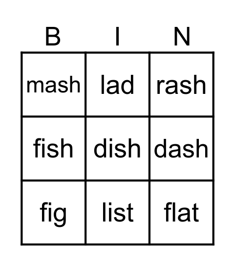 sh words Bingo Card
