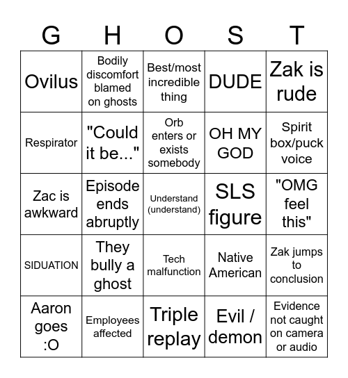 Ghost Adventures Bingo Card