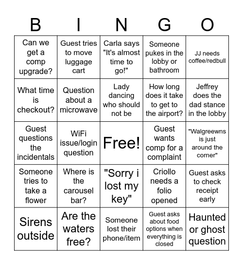 Friday Night Monty Crew Bingo Card