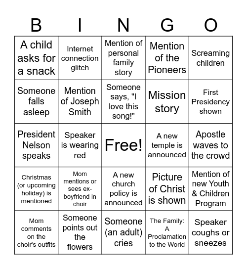 General Conference Bingo Card