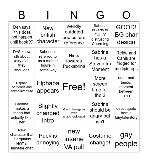 The Sisters Grimm S2 Bingo Card
