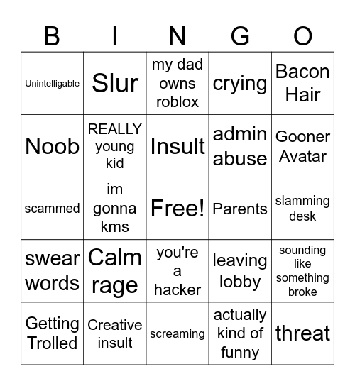 kids crashing out over roblox Bingo Card