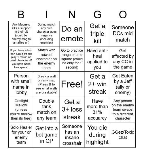Rivals Bingo Card