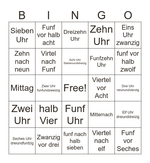 German Uhr Bingo Card