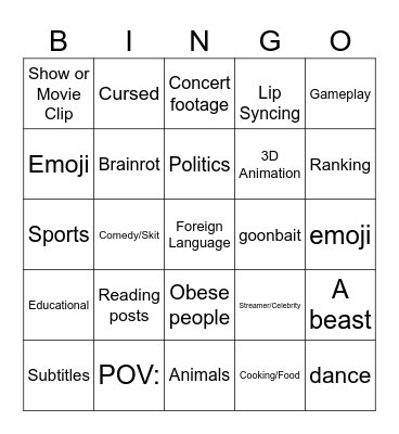YT Shorts Bingo January 2026 V2 Bingo Card