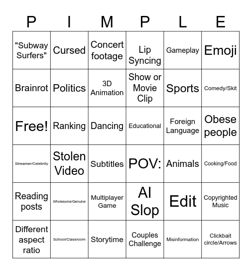 YT Shorts Bingo January 2026 V2 Bingo Card
