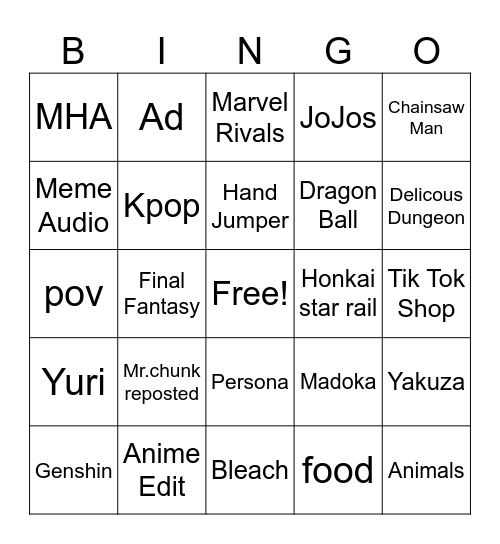 Giselle Bingo Card