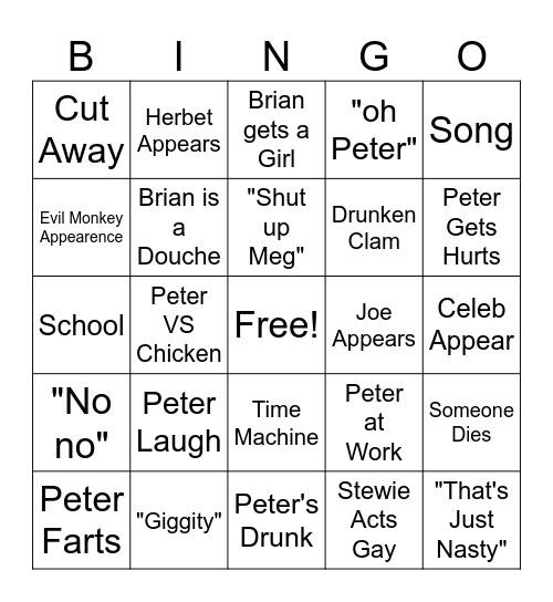 Family Guy Bingo Card