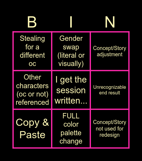 Character Redesign Bingo Card