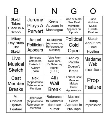 SNL 52-2 (Dakota Johnson, Turnstile) Bingo Card