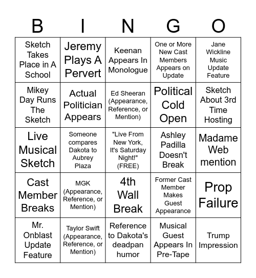 SNL 52-2 (Dakota Johnson, Turnstile) Bingo Card