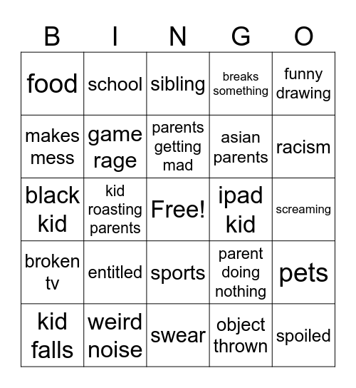 kids doing stupid things Bingo Card