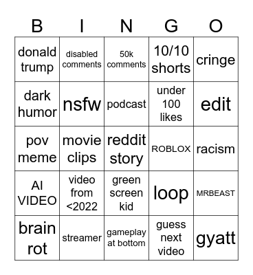 youtube shorts bingo Card