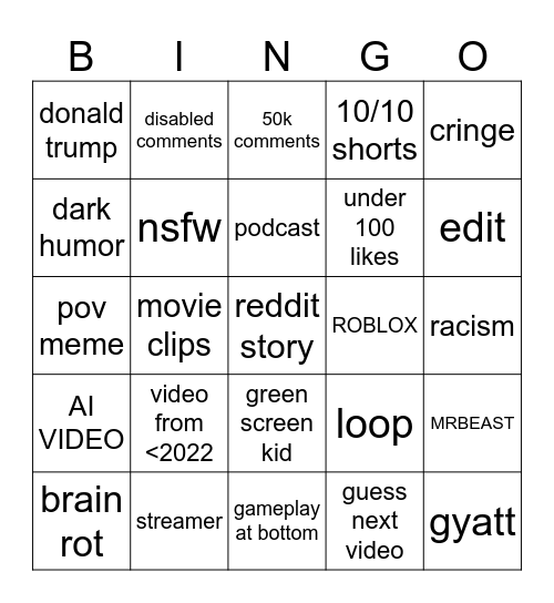 youtube shorts bingo Card