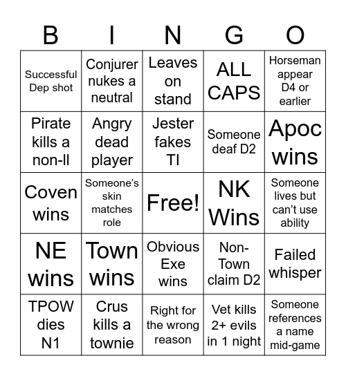 Town of Salem bingo Card
