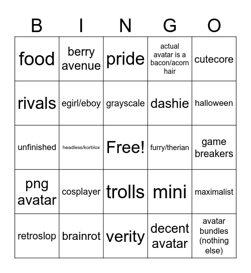 roblox avatars (2026 october) Bingo Card