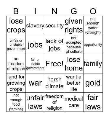 Immigration Bingo Card