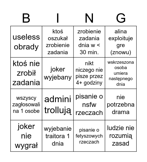 (PRZYKŁADOWE) survivors and traitors bingo Card