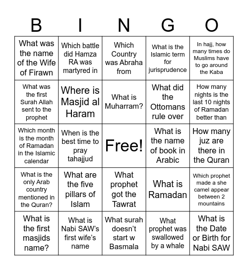 Islamic Bingo 554 Bingo Card