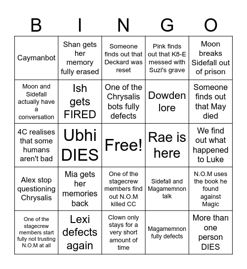 Not quite human session 7 Bingo Card
