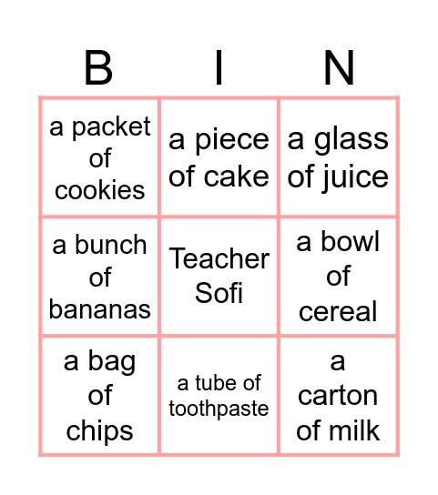 Food Bingo Card