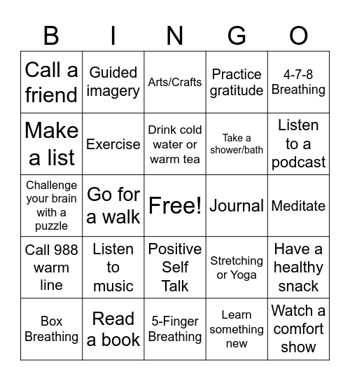 Coping Skills Bingo Card