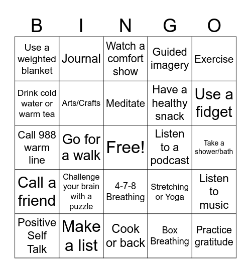 Coping Skills Bingo Card