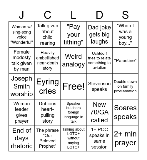 General Conference April 2026 Bingo Card